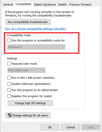 Check the box next to Run this software in compatibility mode