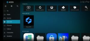 Navigate to the home screen of Kodi and tap Addons from the left panel